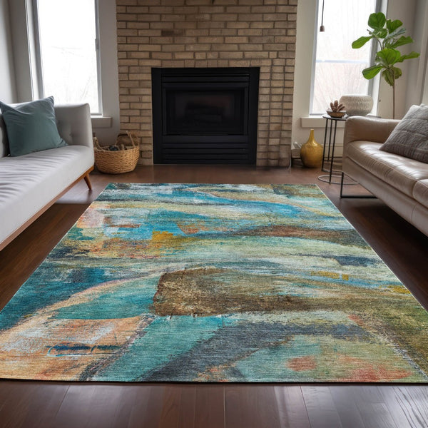 HomeRoots 9' X 12' Teal Blue Abstract Area Rug - Washable, Durable, Indoor/Outdoor Design for Modern Spaces 629965