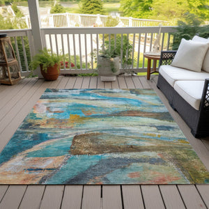 HomeRoots 9' X 12' Teal Blue Abstract Area Rug - Washable, Durable, Indoor/Outdoor Design for Modern Spaces 629965