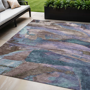 HomeRoots 5' Washable Indoor Outdoor Area Rug in Brown, Purple & Teal - Modern Abstract Design for All Spaces 629968