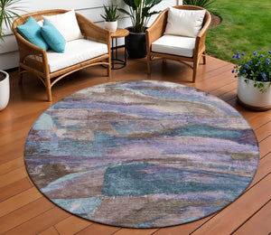 HomeRoots 8' Vibrant Brown, Purple & Teal Blue Round Abstract Area Rug - Indoor & Outdoor, Washable & Durable! 629969