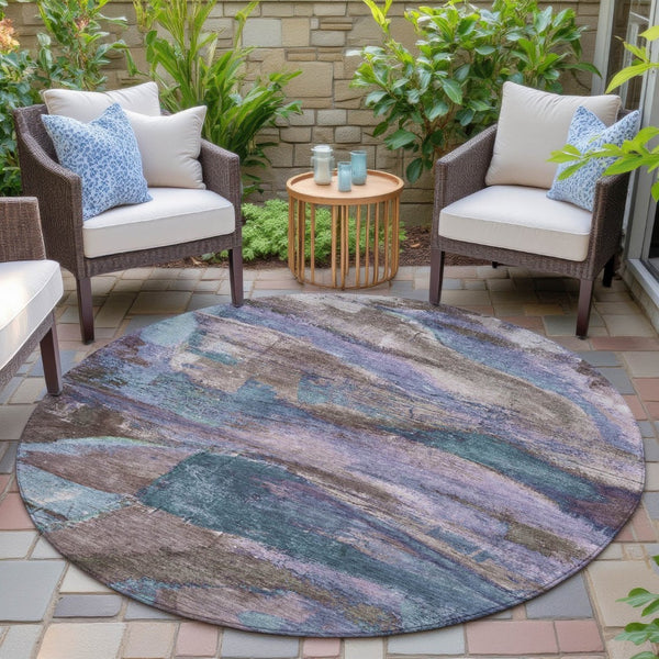 HomeRoots 8' Vibrant Brown, Purple & Teal Blue Round Abstract Area Rug - Indoor & Outdoor, Washable & Durable! 629969