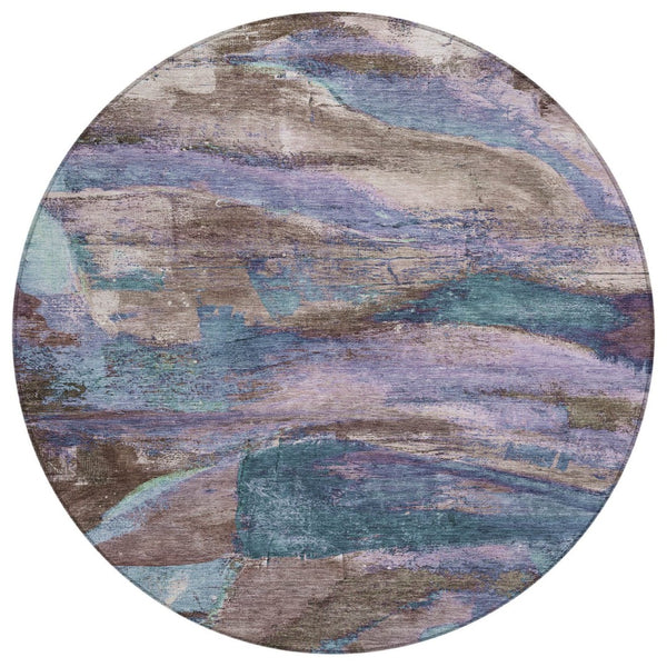 HomeRoots 8' Vibrant Brown, Purple & Teal Blue Round Abstract Area Rug - Indoor & Outdoor, Washable & Durable! 629969