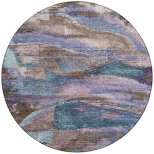 HomeRoots 8' Vibrant Brown, Purple & Teal Blue Round Abstract Area Rug - Indoor & Outdoor, Washable & Durable! 629969
