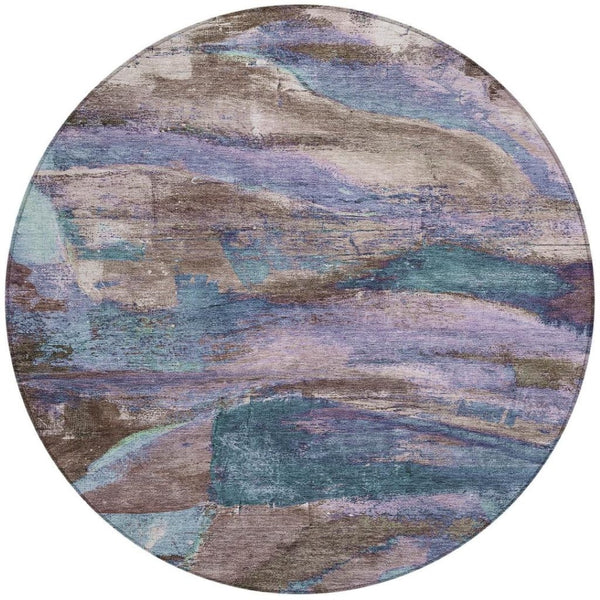 HomeRoots 8' Vibrant Brown, Purple & Teal Blue Round Abstract Area Rug - Indoor & Outdoor, Washable & Durable! 629969