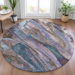 HomeRoots 8' Vibrant Brown, Purple & Teal Blue Round Abstract Area Rug - Indoor & Outdoor, Washable & Durable! 629969