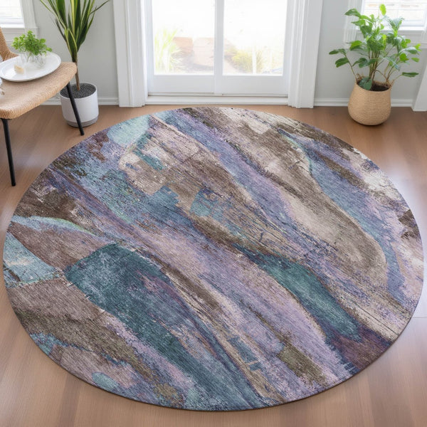 HomeRoots 8' Vibrant Brown, Purple & Teal Blue Round Abstract Area Rug - Indoor & Outdoor, Washable & Durable! 629969