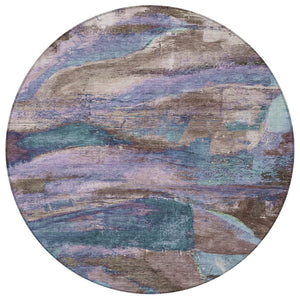 HomeRoots 8' Vibrant Brown, Purple & Teal Blue Round Abstract Area Rug - Indoor & Outdoor, Washable & Durable! 629969