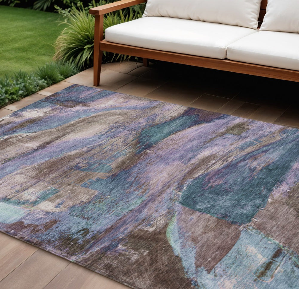 HomeRoots 8' X 10' Abstract Area Rug in Brown, Purple & Teal – Washable, Durable for Indoor/Outdoor Use! 629970