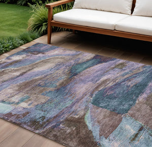 HomeRoots 10' Washable Abstract Area Rug in Brown, Purple & Teal - Durable, Stylish, Indoor/Outdoor Design! 629972