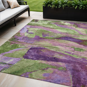 HomeRoots 5' X 8' Vibrant Purple Plum & Green Abstract Area Rug - Washable, Durable for Indoor/Outdoor Use! 629974