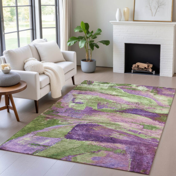 HomeRoots 5' X 8' Vibrant Purple Plum & Green Abstract Area Rug - Washable, Durable for Indoor/Outdoor Use! 629974