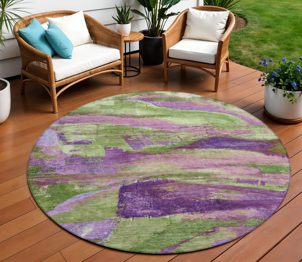 HomeRoots 8' Vibrant Purple Plum and Green Abstract Round Area Rug - Washable, Durable for Indoor/Outdoor Use 629975