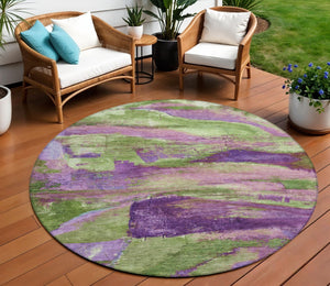 HomeRoots 8' Vibrant Purple Plum and Green Abstract Round Area Rug - Washable, Durable for Indoor/Outdoor Use 629975