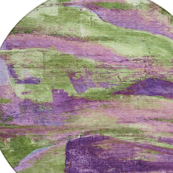 HomeRoots 8' Vibrant Purple Plum and Green Abstract Round Area Rug - Washable, Durable for Indoor/Outdoor Use 629975