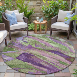 HomeRoots 8' Vibrant Purple Plum and Green Abstract Round Area Rug - Washable, Durable for Indoor/Outdoor Use 629975