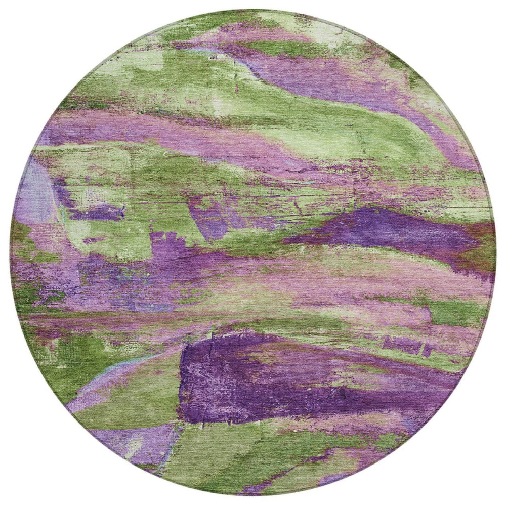 HomeRoots 8' Vibrant Purple Plum and Green Abstract Round Area Rug - Washable, Durable for Indoor/Outdoor Use 629975