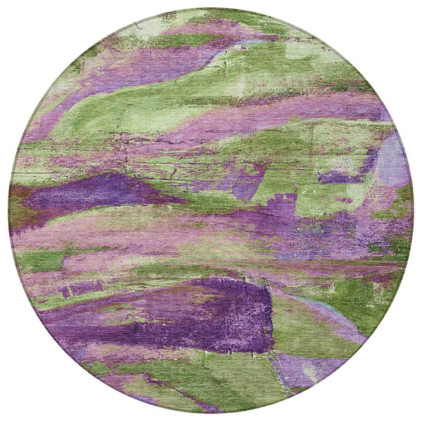 HomeRoots 8' Vibrant Purple Plum and Green Abstract Round Area Rug - Washable, Durable for Indoor/Outdoor Use 629975