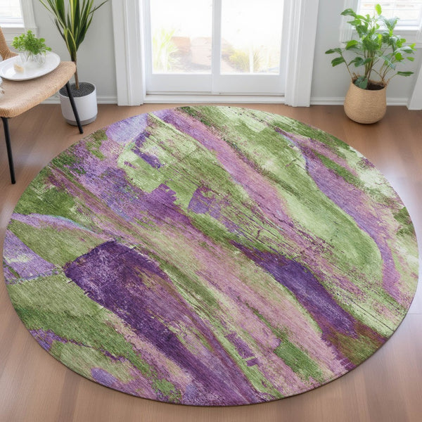 HomeRoots 8' Vibrant Purple Plum and Green Abstract Round Area Rug - Washable, Durable for Indoor/Outdoor Use 629975