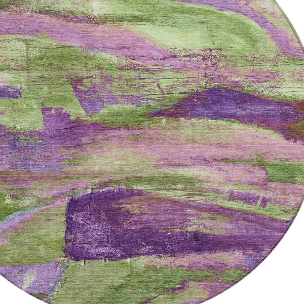 HomeRoots 8' Vibrant Purple Plum and Green Abstract Round Area Rug - Washable, Durable for Indoor/Outdoor Use 629975