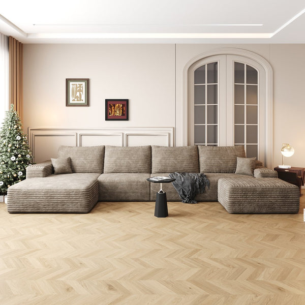 English Elm 135" Cloud Sectional Sofa With Ottoman - Modern Minimalist U-Shaped Design In Plush Camel Corduroy W2824S00058