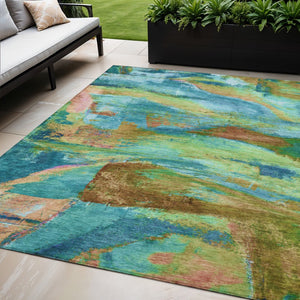 HomeRoots 5' X 8' Vibrant Teal Blue, Lime Green & Blush Abstract Area Rug – Washable, Durable for Indoor/Outdoor Use 629980