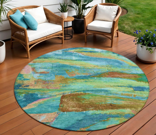 HomeRoots 8' Teal Blue Lime Green Blush Round Abstract Area Rug - Stylish, Durable & Washable for Indoor/Outdoor Use 629981