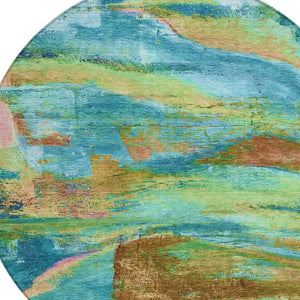 HomeRoots 8' Teal Blue Lime Green Blush Round Abstract Area Rug - Stylish, Durable & Washable for Indoor/Outdoor Use 629981