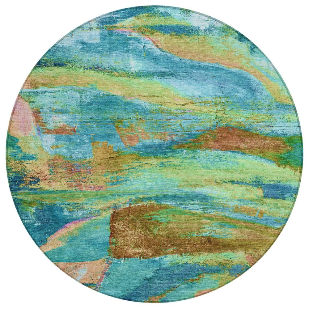 HomeRoots 8' Teal Blue Lime Green Blush Round Abstract Area Rug - Stylish, Durable & Washable for Indoor/Outdoor Use 629981