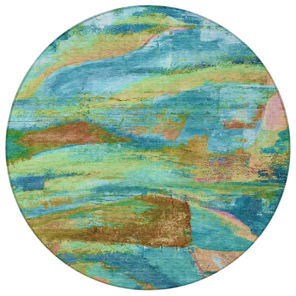 HomeRoots 8' Teal Blue Lime Green Blush Round Abstract Area Rug - Stylish, Durable & Washable for Indoor/Outdoor Use 629981