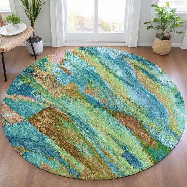 HomeRoots 8' Teal Blue Lime Green Blush Round Abstract Area Rug - Stylish, Durable & Washable for Indoor/Outdoor Use 629981
