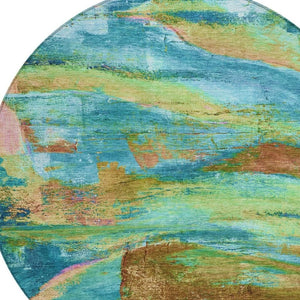 HomeRoots 8' Teal Blue Lime Green Blush Round Abstract Area Rug - Stylish, Durable & Washable for Indoor/Outdoor Use 629981