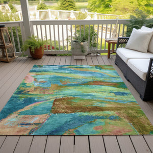 HomeRoots 8' X 10' Vibrant Teal Blue, Lime Green & Blush Abstract Washable Area Rug for Indoor/Outdoor Use 629982
