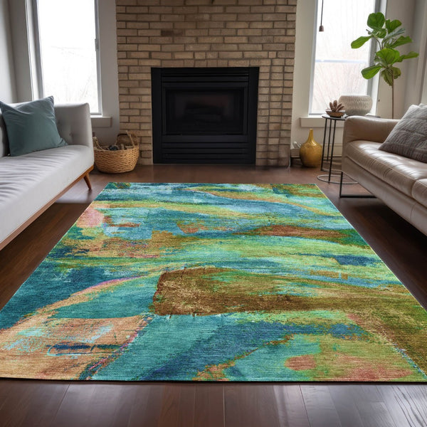 HomeRoots 9' Modern Abstract Washable Area Rug in Teal, Lime & Blush - Indoor/Outdoor Durability for Family Homes 629983