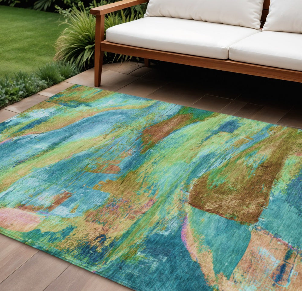 HomeRoots 10' Abstract Area Rug in Teal Blue, Lime Green & Blush - Washable, Durable for Indoor/Outdoor Use 629984
