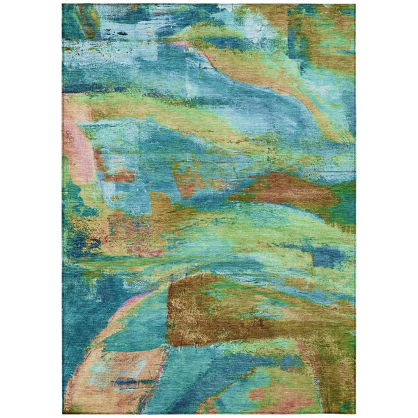 HomeRoots 10' Abstract Area Rug in Teal Blue, Lime Green & Blush - Washable, Durable for Indoor/Outdoor Use 629984