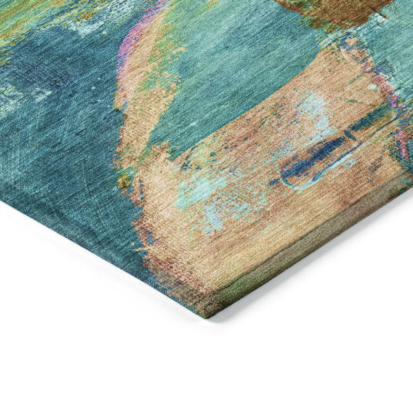 HomeRoots 10' Abstract Area Rug in Teal Blue, Lime Green & Blush - Washable, Durable for Indoor/Outdoor Use 629984