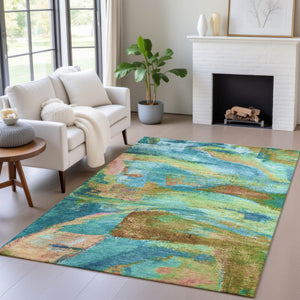 HomeRoots 10' Abstract Area Rug in Teal Blue, Lime Green & Blush - Washable, Durable for Indoor/Outdoor Use 629984