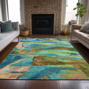 HomeRoots 10' Abstract Area Rug in Teal Blue, Lime Green & Blush - Washable, Durable for Indoor/Outdoor Use 629984