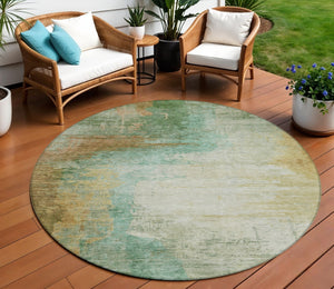 HomeRoots 8' Round Abstract Area Rug in Artichoke Green, Brown & Beige – Durable, Washable & Versatile Decor 629987