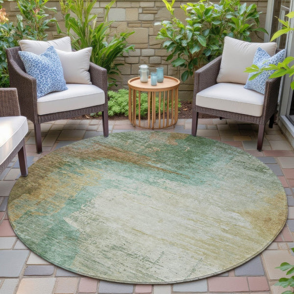 HomeRoots 8' Round Abstract Area Rug in Artichoke Green, Brown & Beige – Durable, Washable & Versatile Decor 629987