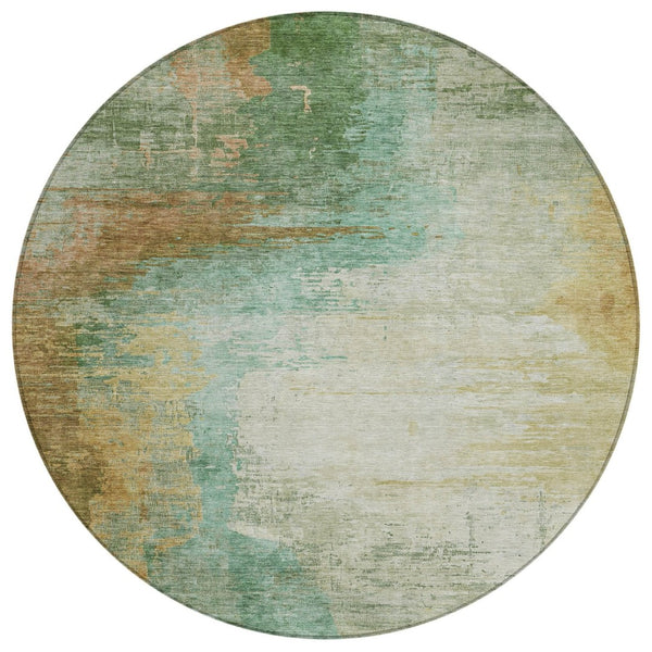 HomeRoots 8' Round Abstract Area Rug in Artichoke Green, Brown & Beige – Durable, Washable & Versatile Decor 629987