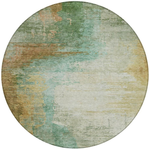 HomeRoots 8' Round Abstract Area Rug in Artichoke Green, Brown & Beige – Durable, Washable & Versatile Decor 629987