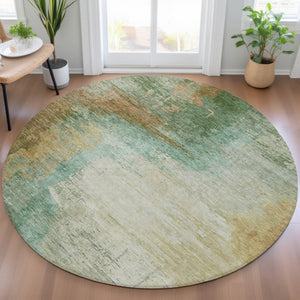 HomeRoots 8' Round Abstract Area Rug in Artichoke Green, Brown & Beige – Durable, Washable & Versatile Decor 629987