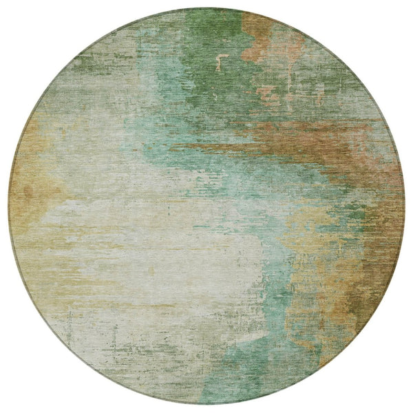 HomeRoots 8' Round Abstract Area Rug in Artichoke Green, Brown & Beige – Durable, Washable & Versatile Decor 629987