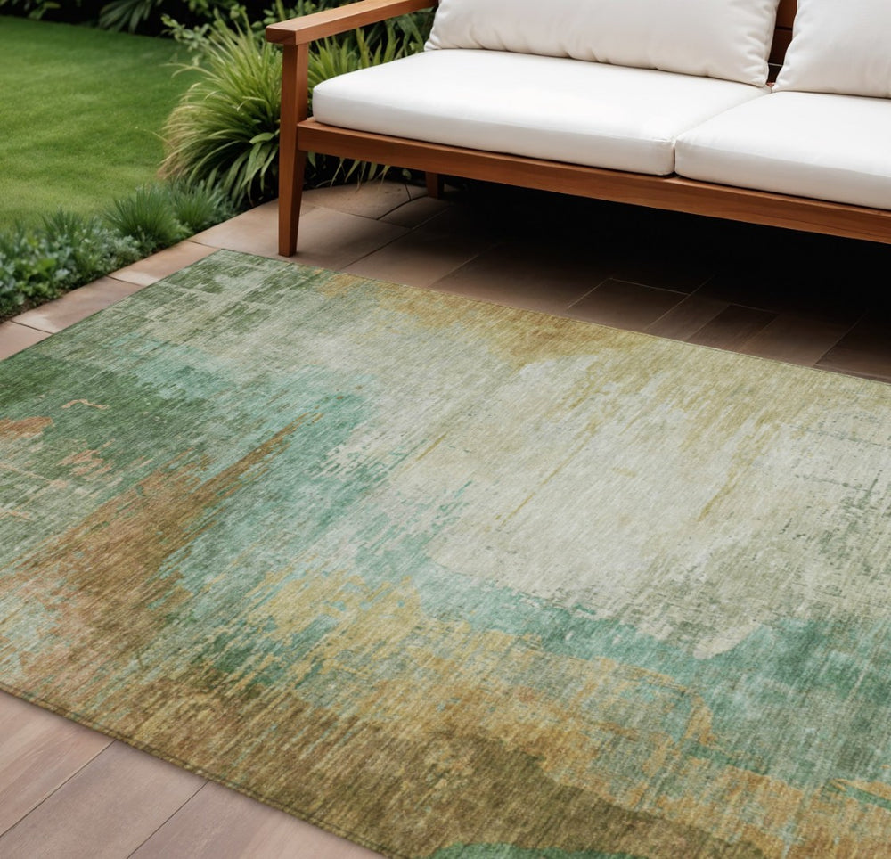 HomeRoots 8' X 10' Artichoke Green Area Rug – Modern Abstract Design, Washable, Indoor/Outdoor, Stain-Resistant 629988