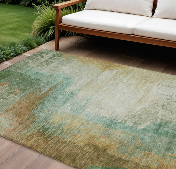 HomeRoots 9' X 12' Washable Area Rug in Artichoke Green, Brown & Beige - Stylish, Durable & Versatile Design 629989