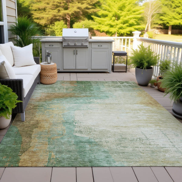 HomeRoots 9' X 12' Washable Area Rug in Artichoke Green, Brown & Beige - Stylish, Durable & Versatile Design 629989