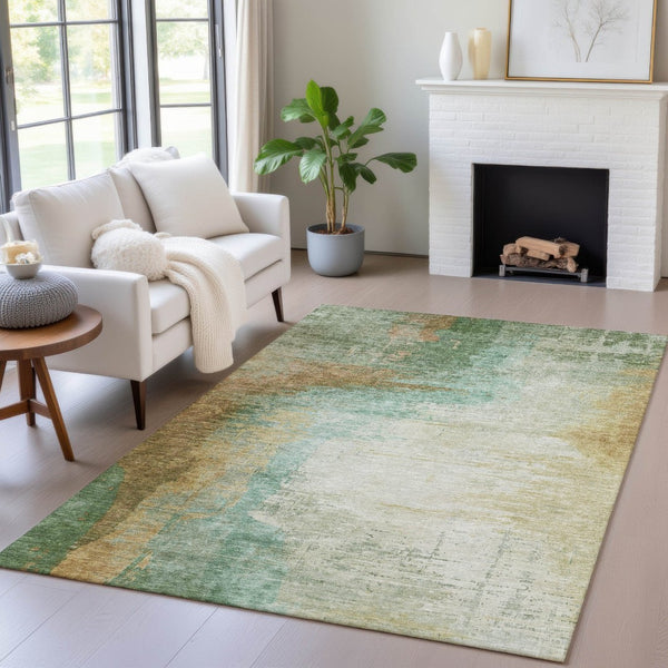 HomeRoots 9' X 12' Washable Area Rug in Artichoke Green, Brown & Beige - Stylish, Durable & Versatile Design 629989