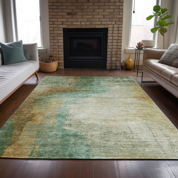 HomeRoots 9' X 12' Washable Area Rug in Artichoke Green, Brown & Beige - Stylish, Durable & Versatile Design 629989