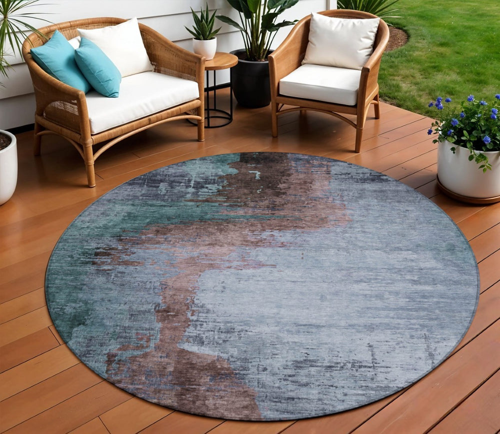 HomeRoots 8' Round Abstract Area Rug in Blue, Brown, & Mauve - Washable, Durable, Indoor/Outdoor Use, Easy Care 629999